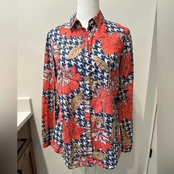 J McLaughlin Top Size Small Houndstooth Floral Pattern Button Up Blouse - Picture 1 of 4